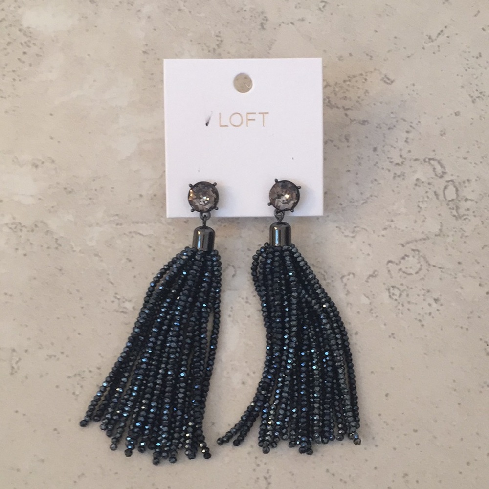 NWT LOFT Gunmetal/Grey Crystal Tassel Earrings